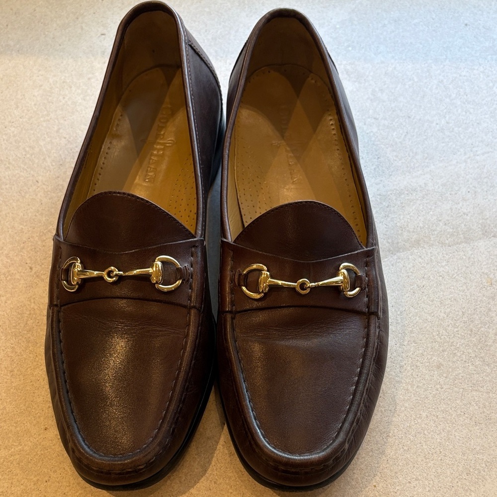 Cole Haan Brown Leather Loafers with Gold Accents